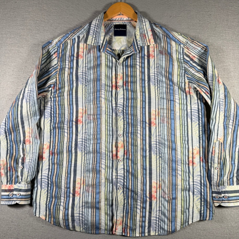 Tommy Bahama Mens XL Blue Striped Tropical Floral Long Sleeve Button Front Shirt